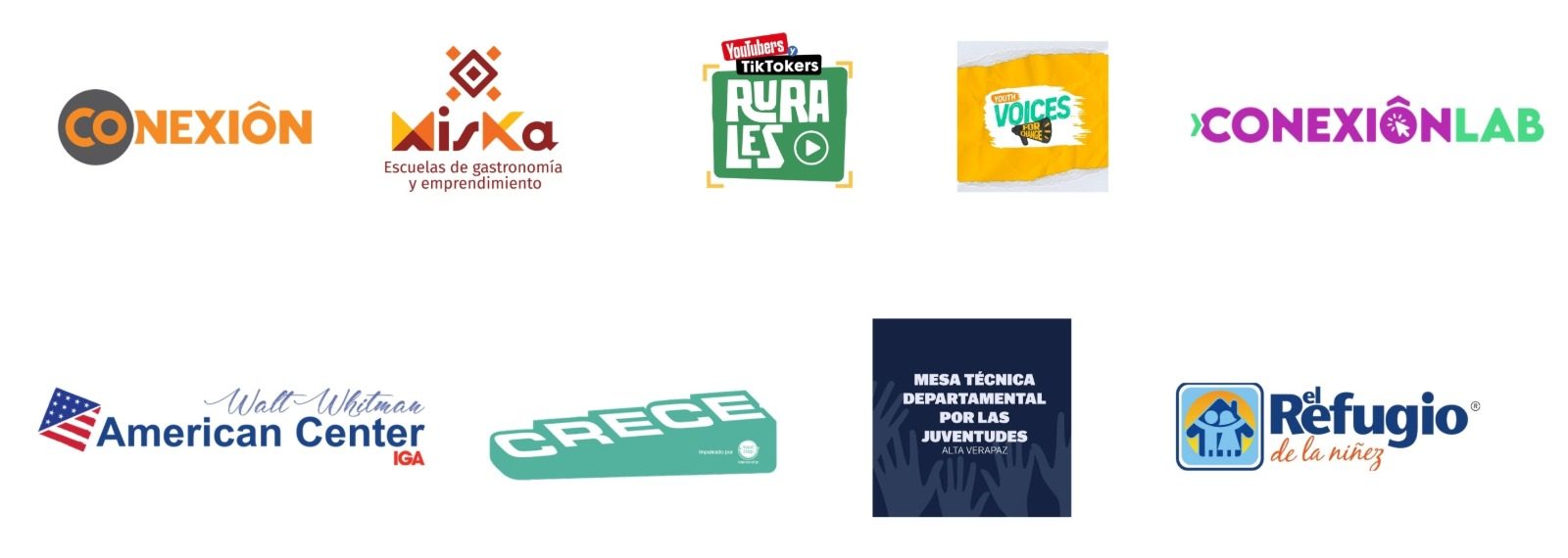 Logotipos de CONEXIÓN, Miska, Rurales, Youth Voices, CONEXION LAB, American Center IGA, CRECE, Mesa Técnica por las Juventudes y El Refugio de la Niñez